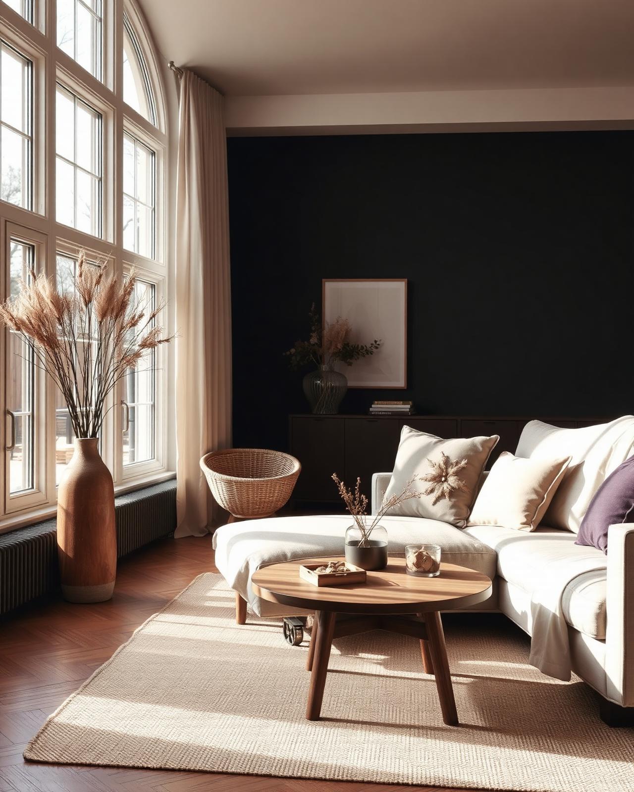 Walnut armchair with a brass floor lamp and dried pampas grass