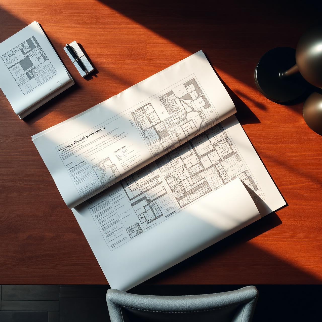 Open architectural blueprint on a walnut desk