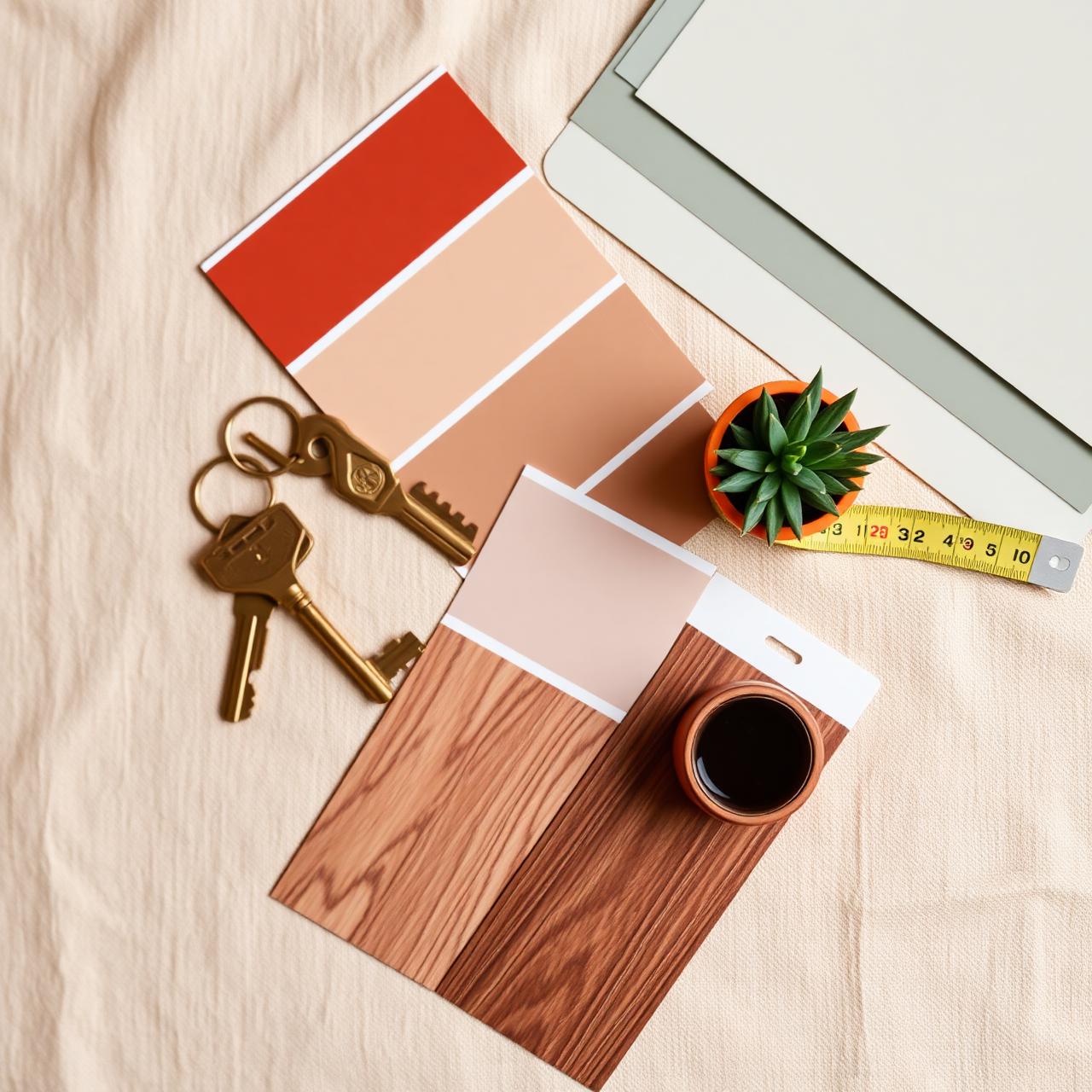 Brass keys, linen swatch, potted plant and a blueprint
